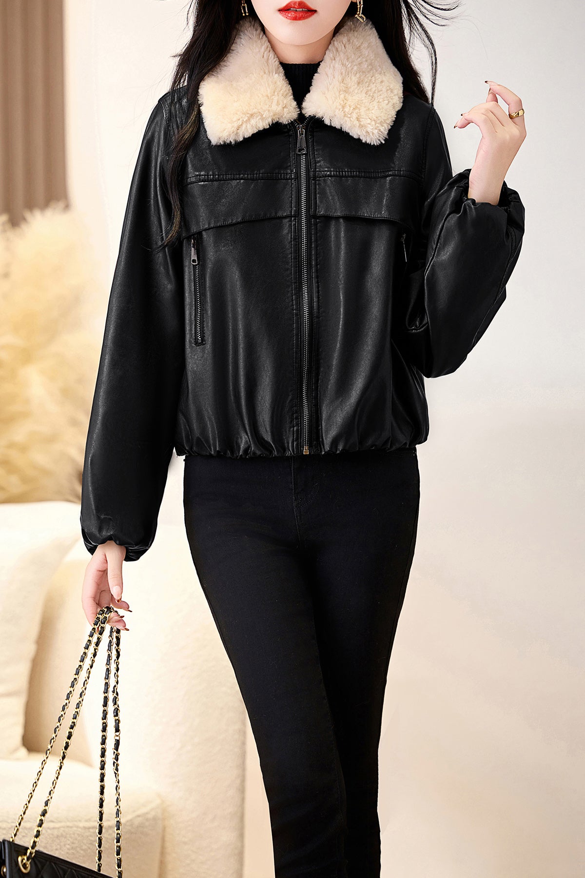 Black Leather Bomber Jacket with Faux Fur Collar