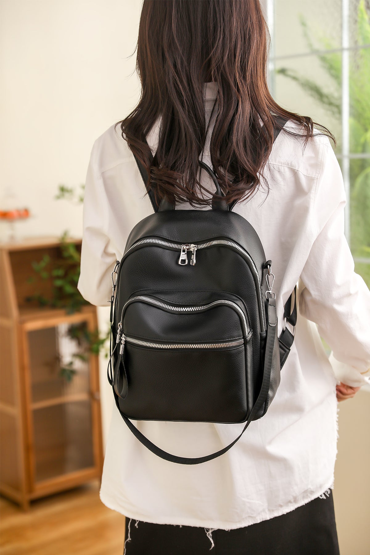 Black PU Backpack with Zipper