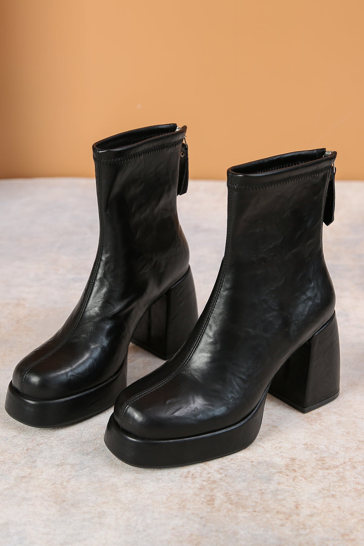 Black Shiny Leather Ankle Boots with Platforms for Women