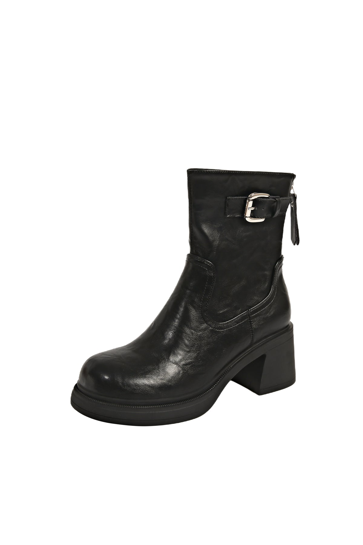 Black faux leather low heel boots for women  