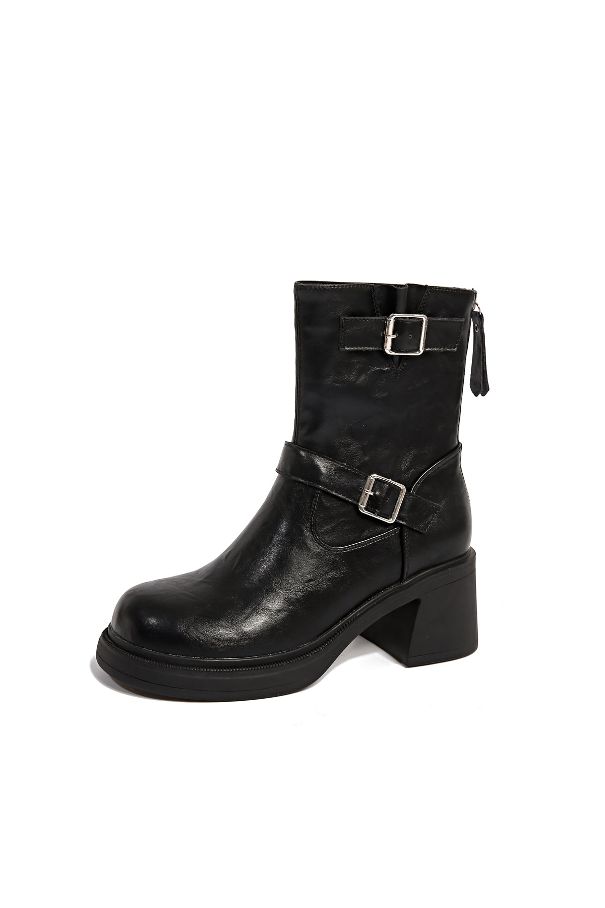 Black metal-buckle faux leather low-heeled ankle boots  