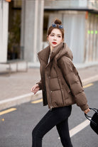 Brown Cotton Down Jacket Womens Stand Collar Short Look