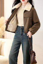 Brown Faux Fur Collar Leather Bomber Jacket