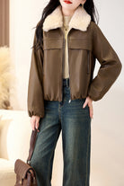 Brown Leather Bomber Jacket with Faux Fur Collar