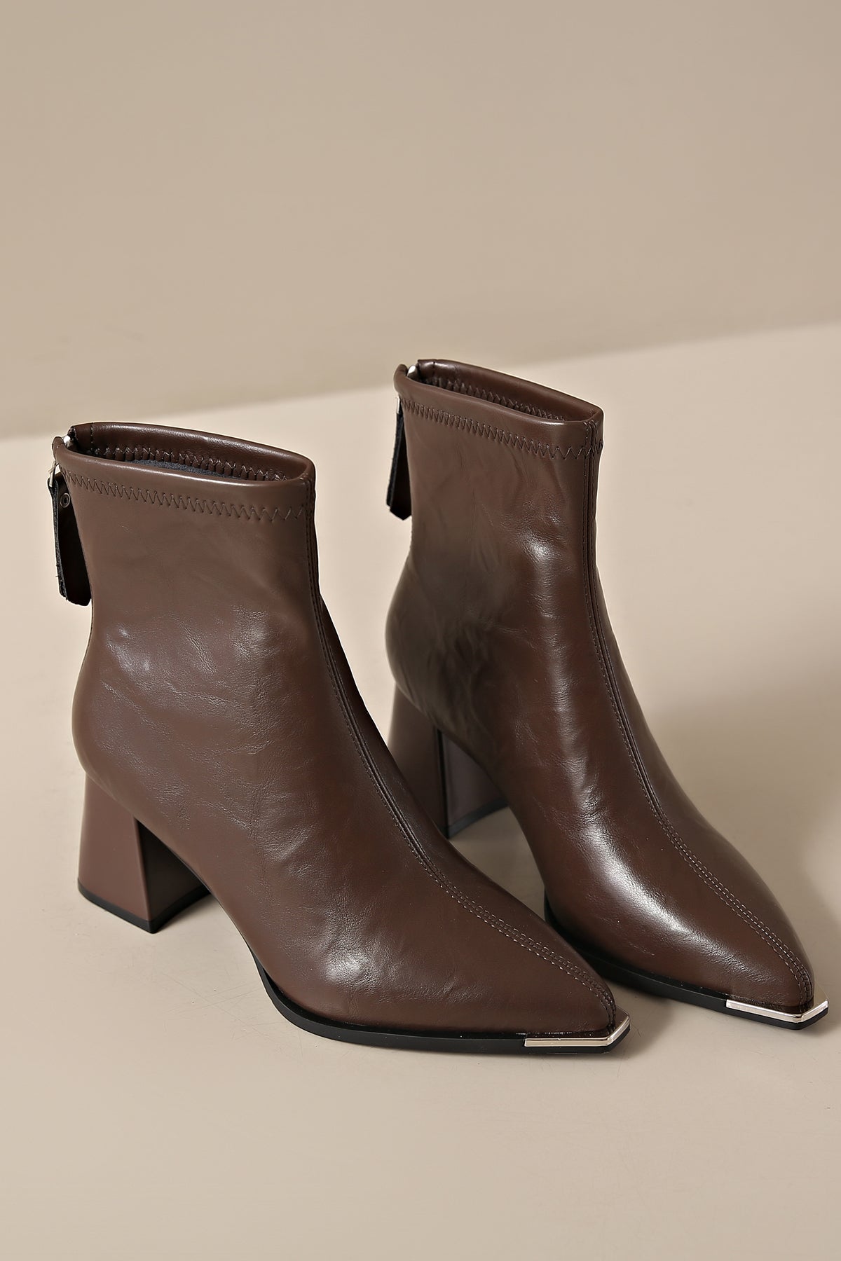 Brown Low Heel Leather Ankle Boots for Women