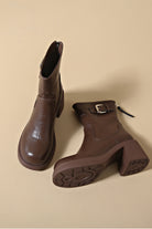 Brown faux leather low heel boots for comfortable walking