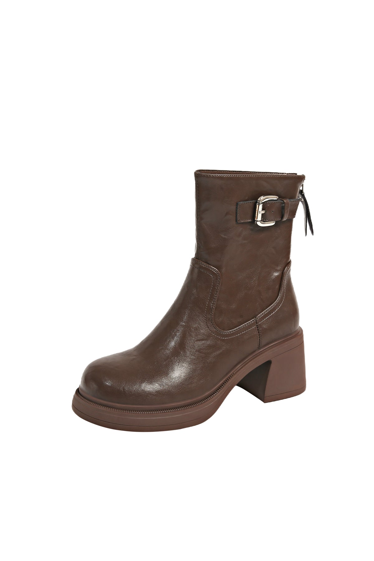 Brown faux leather low heel boots for everyday wear