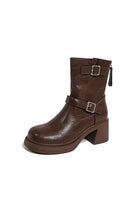 Brown metal-buckle faux leather low-heeled ankle boots  