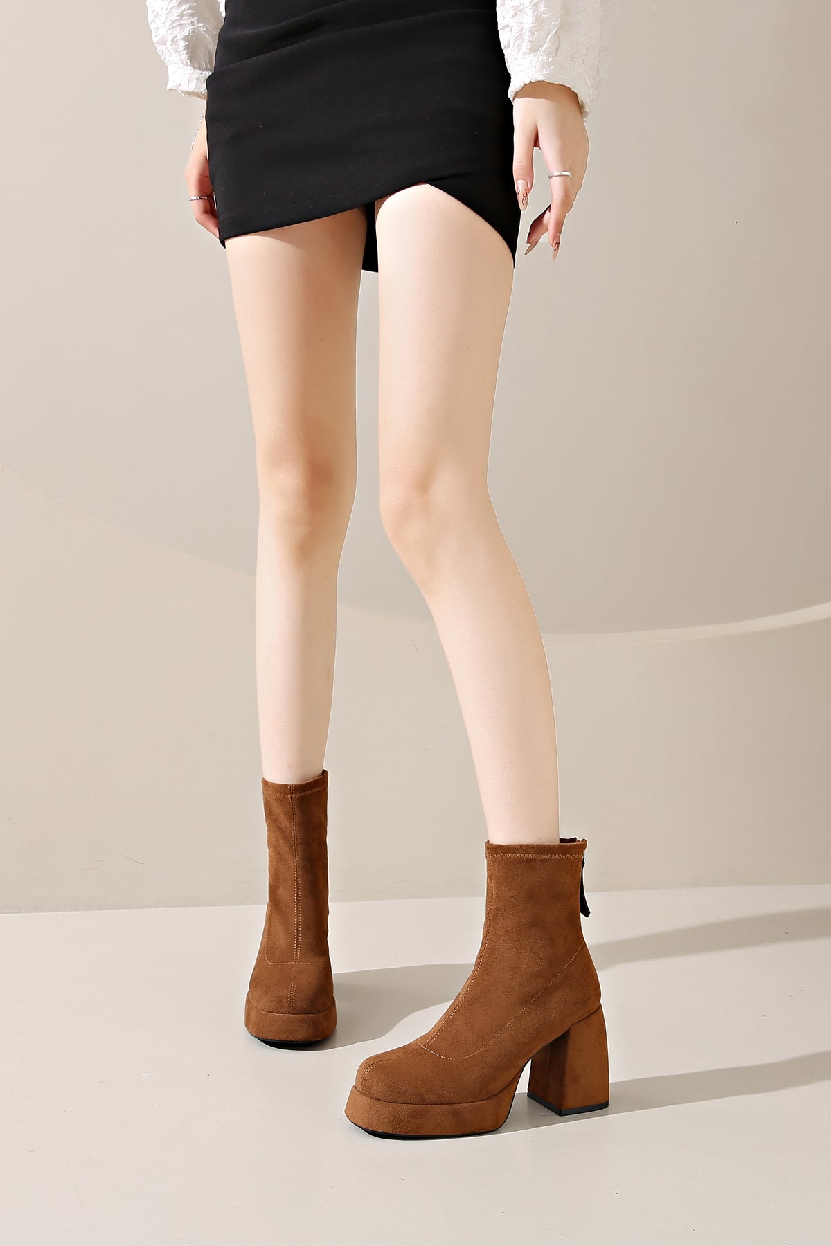 Casual brown ultra-fine suede ankle boots with low heel