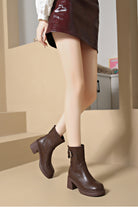 Chic brown faux leather low heel boots for any occasion