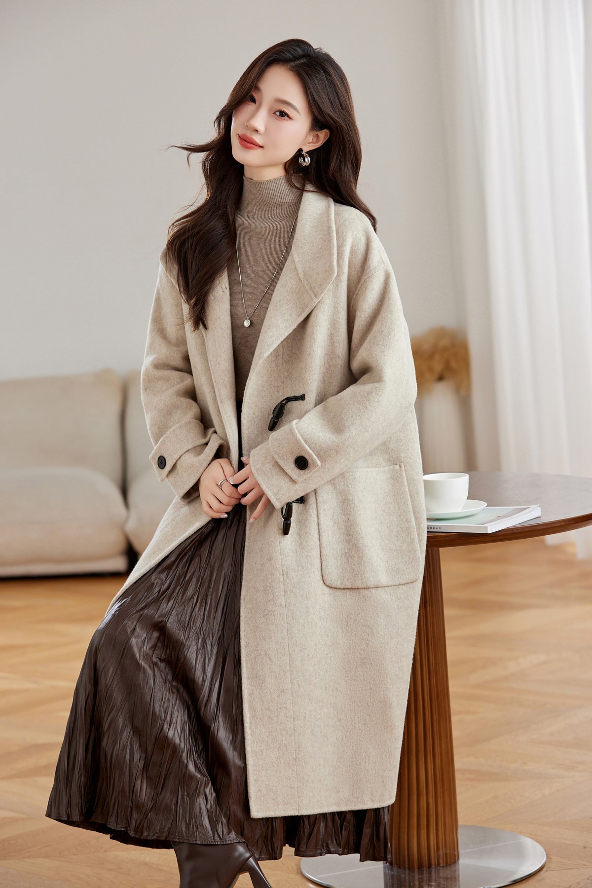 Classic Oatmeal Wool Coat for Women with Statement Button Chic Winter Wear