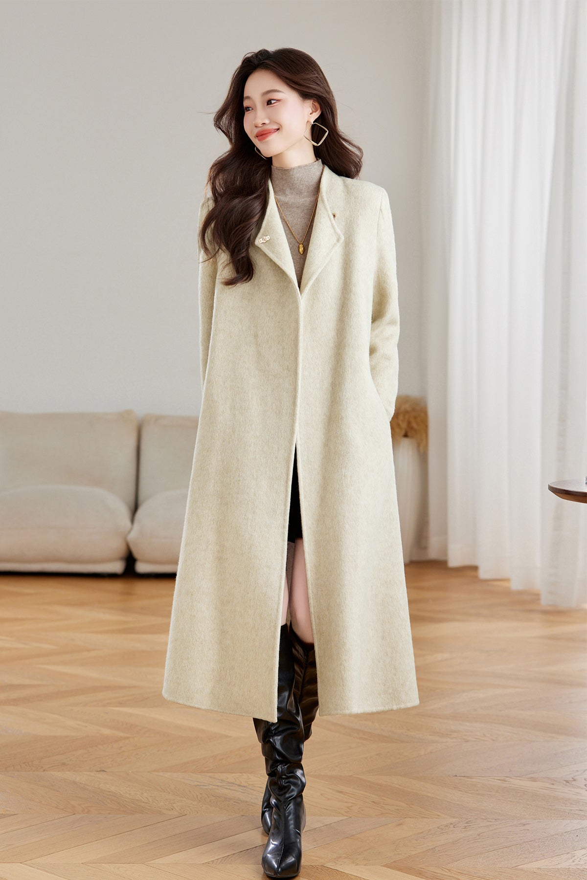 Classic White Mid Length Wool Coat Cozy Winter Outerwear