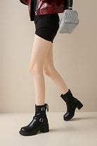 Comfortable black metal-buckle faux leather ankle boots for daily wear  