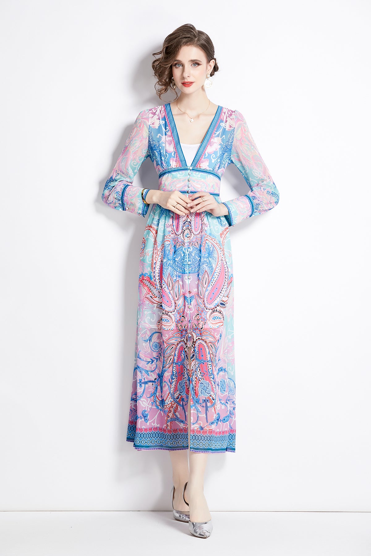Design-sense-print-waist-slimming-V-neck-long-sleeved-dress