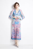 Design-sense-print-waist-slimming-V-neck-long-sleeved-dress