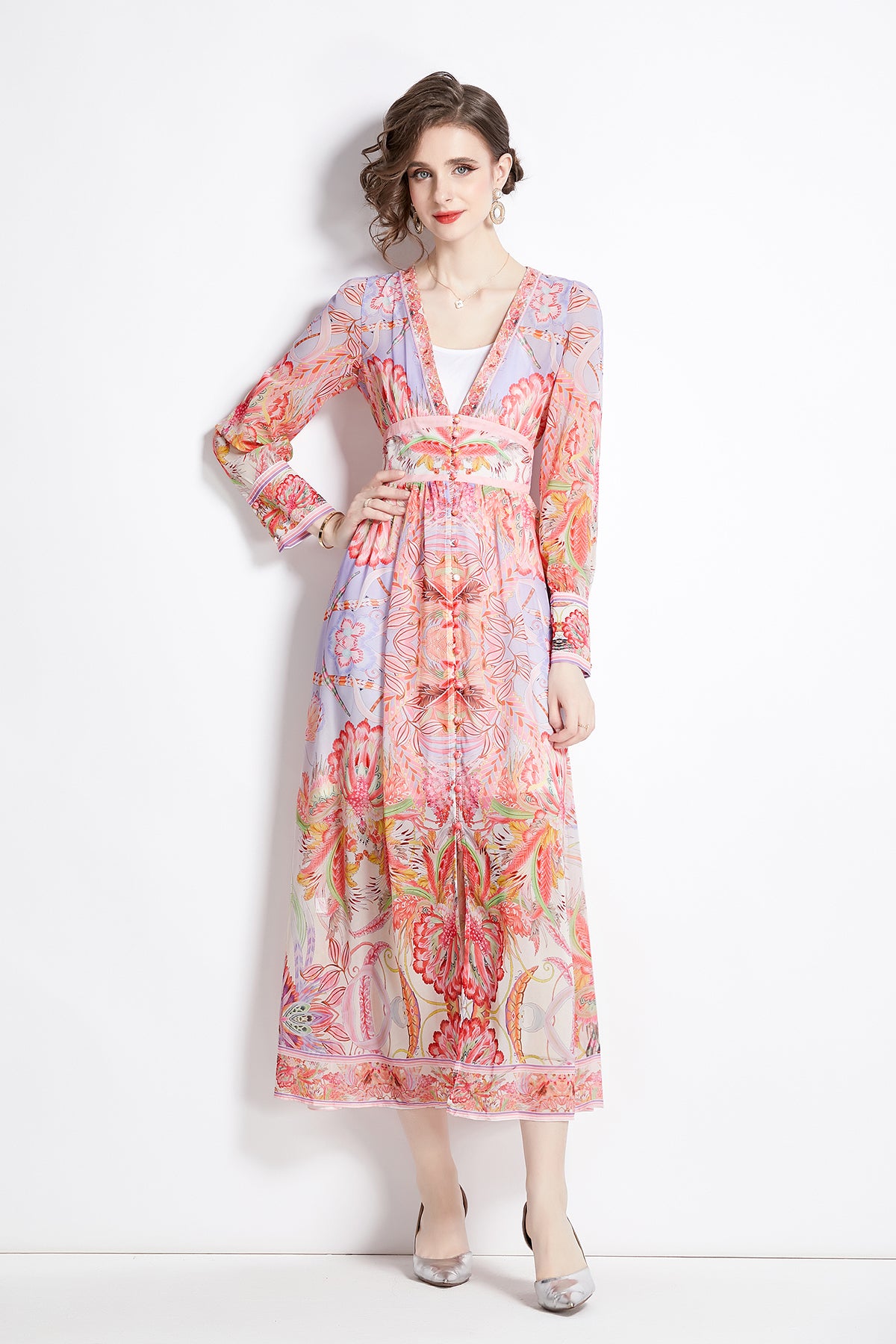 Early-Spring-Resort-Chic-V-Neck-Printed-Long-Sleeve-Waist-Cinched-Dress-–-Vacation,-Trendy,-Elegant