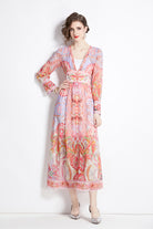 Early-Spring-Resort-Chic-V-Neck-Printed-Long-Sleeve-Waist-Cinched-Dress-–-Vacation,-Trendy,-Elegant
