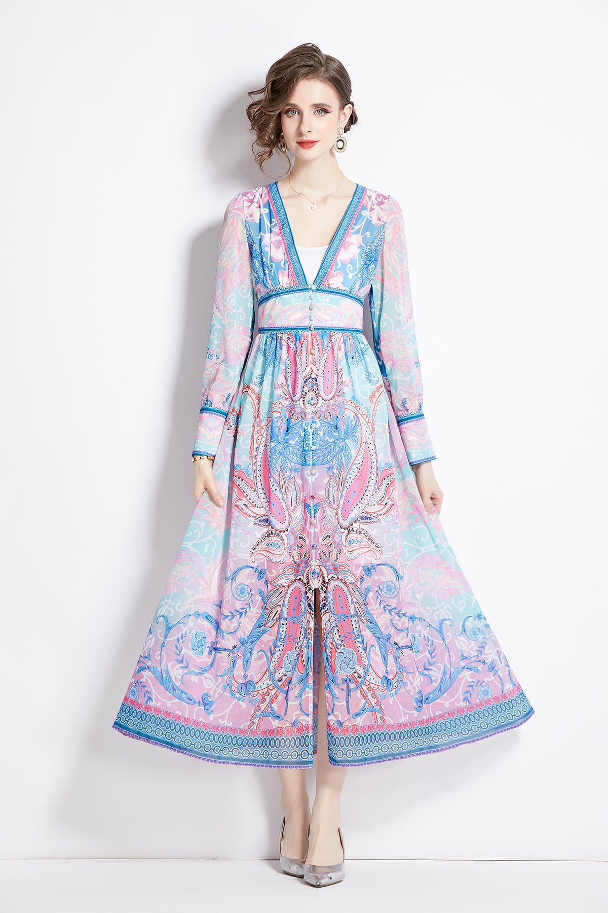Early-spring-must-have-holiday-style-V-neck-waist-printed-long-sleeved-dress