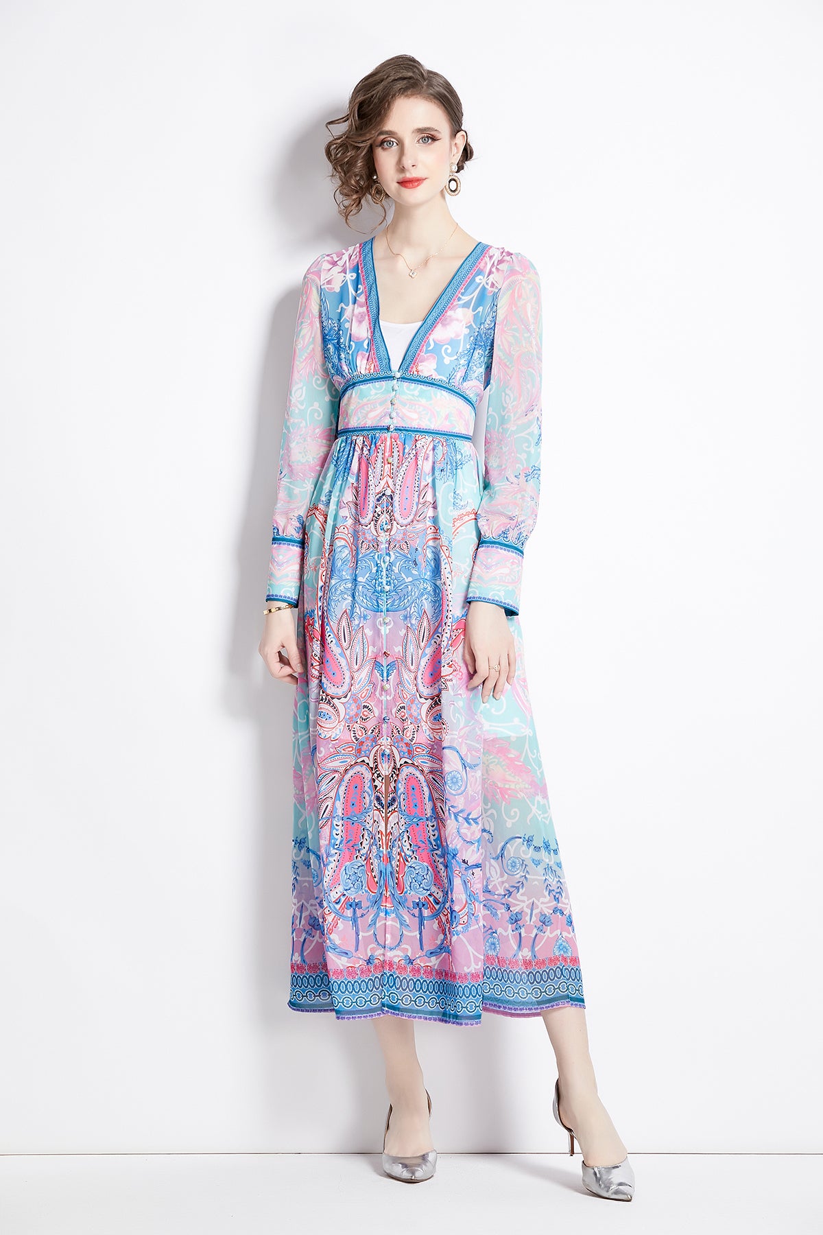 Early-spring-romantic-print-V-neck-waist-long-sleeved-dress