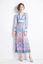 Early-spring-romantic-print-V-neck-waist-long-sleeved-dress
