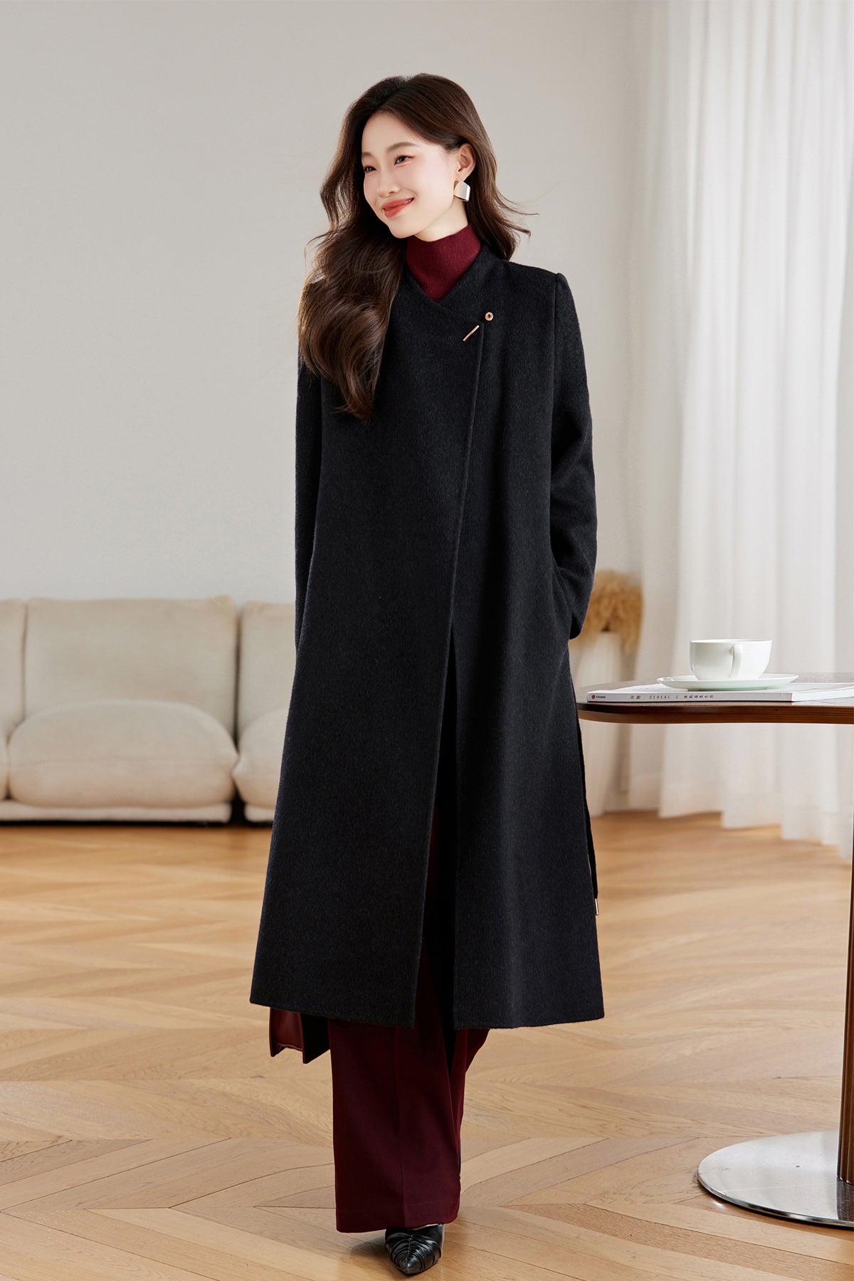 Elegant Mid Length Black Wool Coat Minimalist Winter Warmth for Women