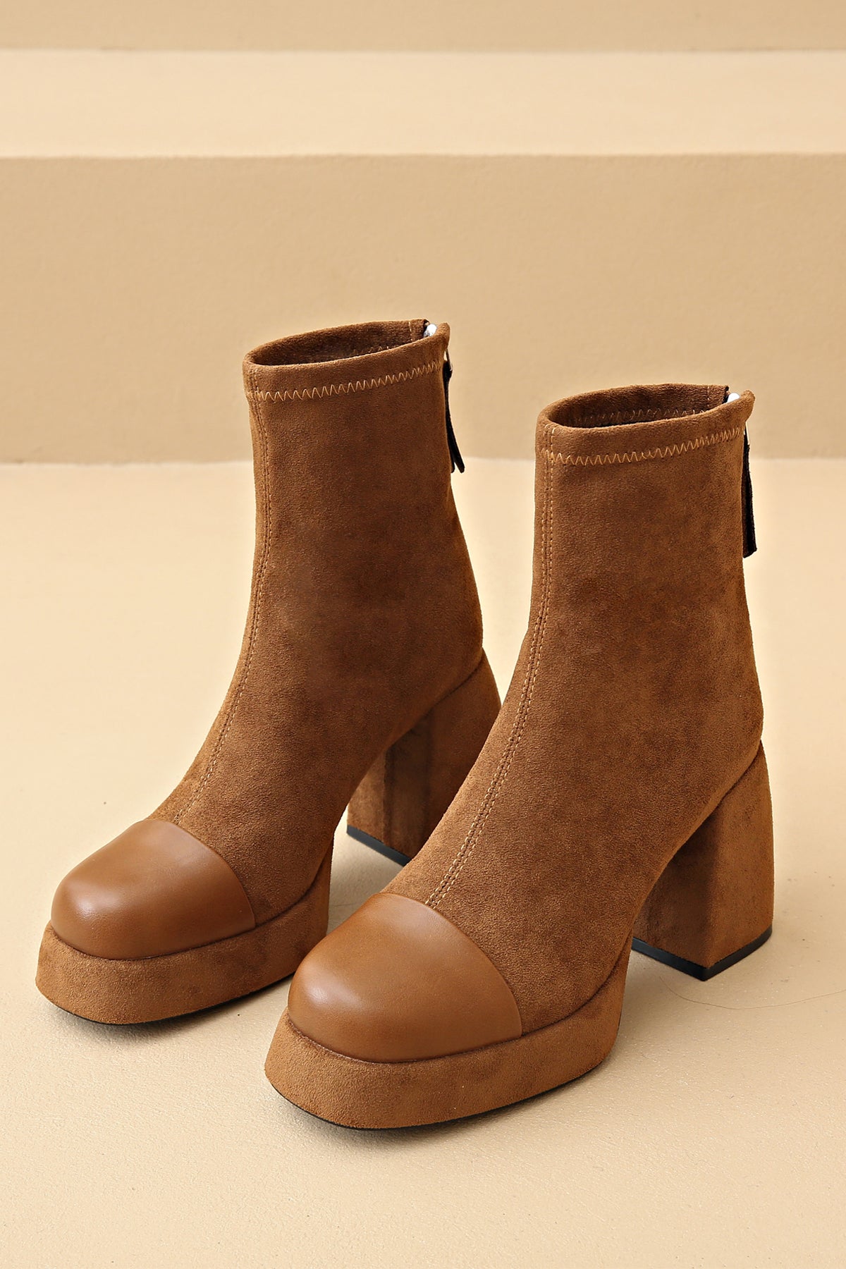 Fashionable brown superfine suede ankle boots with leather toe cap