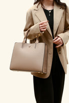 Light Brown Solid Color PU Briefcase Elegant Lychee Pattern