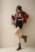 Light brown faux leather ankle boots with stylish metal buckle