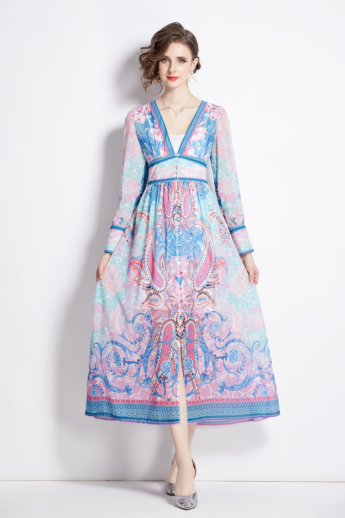Light-luxury-temperament-V-neck-printed-waist-long-sleeved-dress