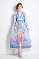 Light-luxury-temperament-V-neck-printed-waist-long-sleeved-dress