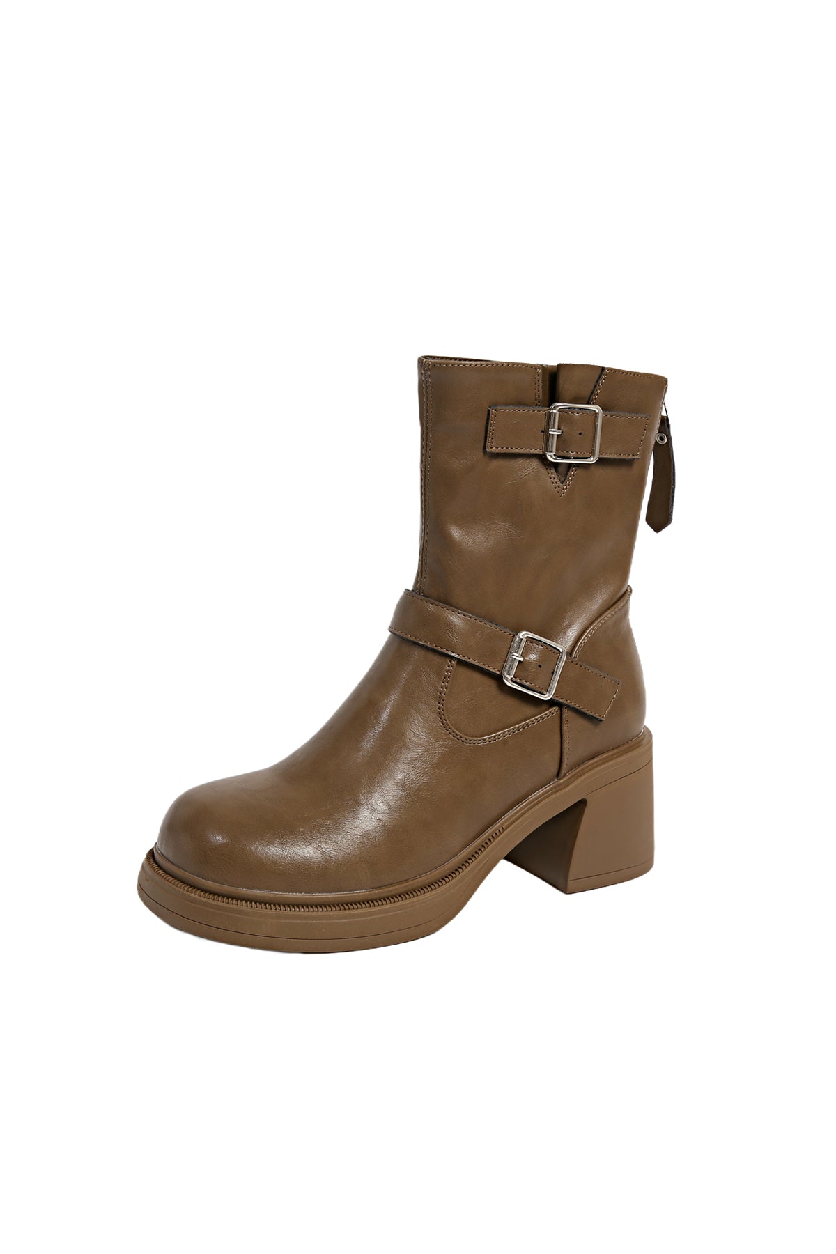 Light brown faux leather ankle boots with stylish metal buckle