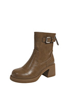 Light brown faux leather low heel boots with a classic design 