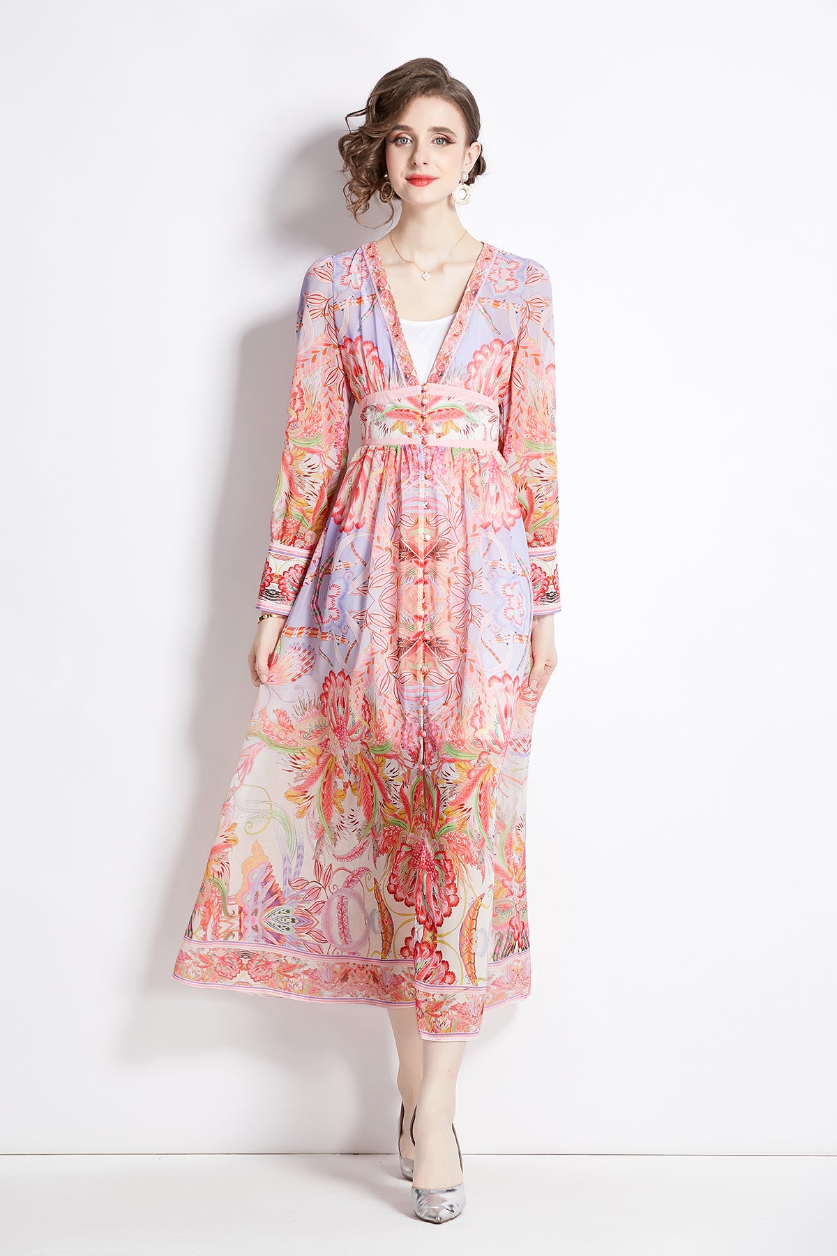 Pink-Ethnic-Print-Tiered-Dress-Early-Spring-Boho-Chic-V-Neck-Ruffled-Hem-Dress-for-Women,-Casual-Daywear-&-Photo-Shoot-Outfit