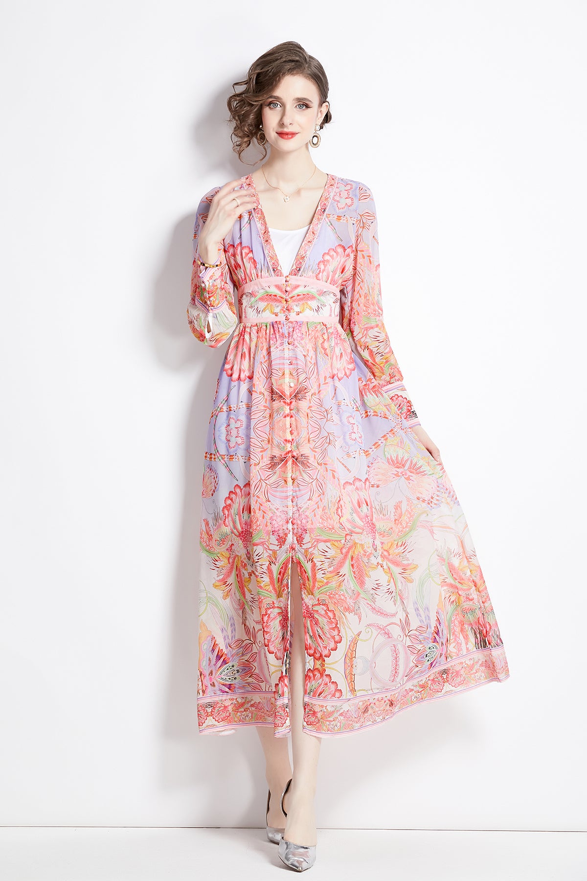 Plus-Size-Pink-Boho-Dress-2025-Stretchy-Polyester-Long-Sleeve-Wrap-Dress-with-Belted-Waist,-Cruise-Wear-&-Resort-Evening-Party