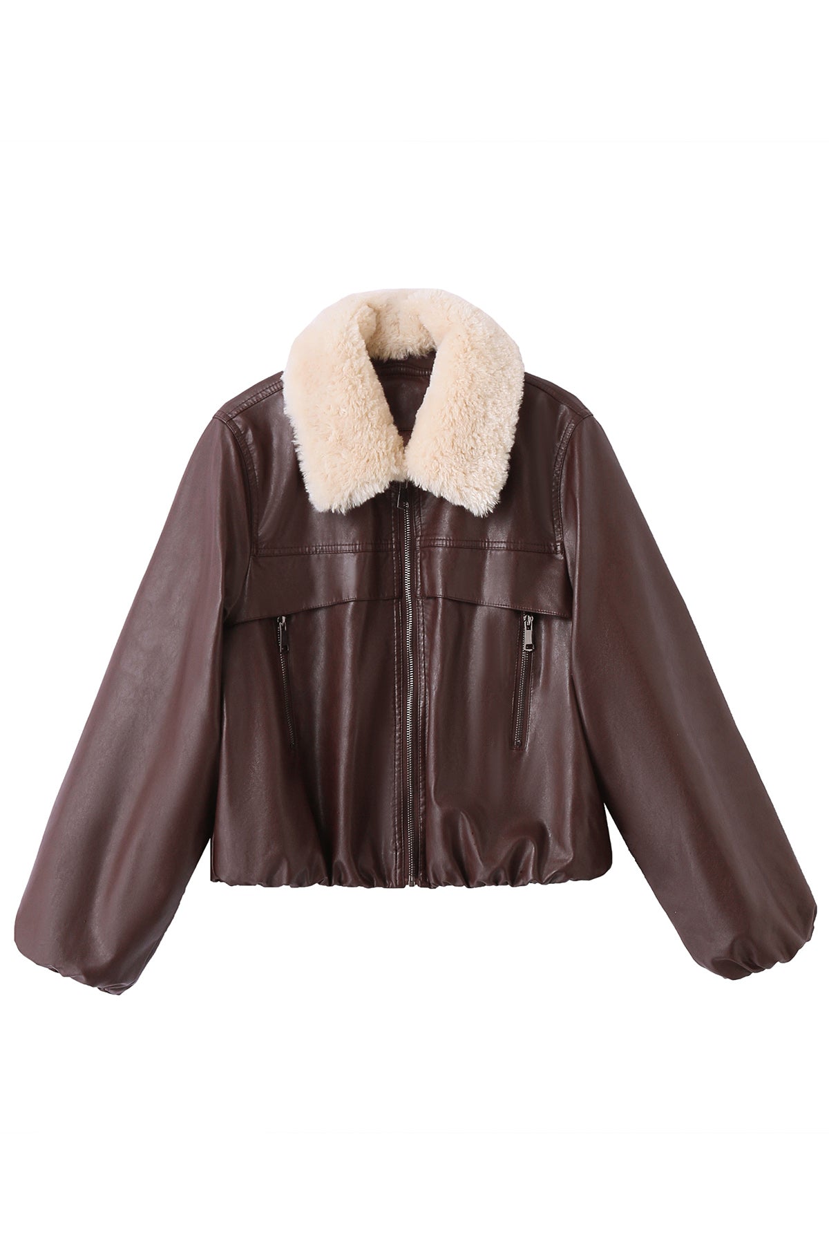 Red Faux Fur Collar Leather Bomber Jacket front view