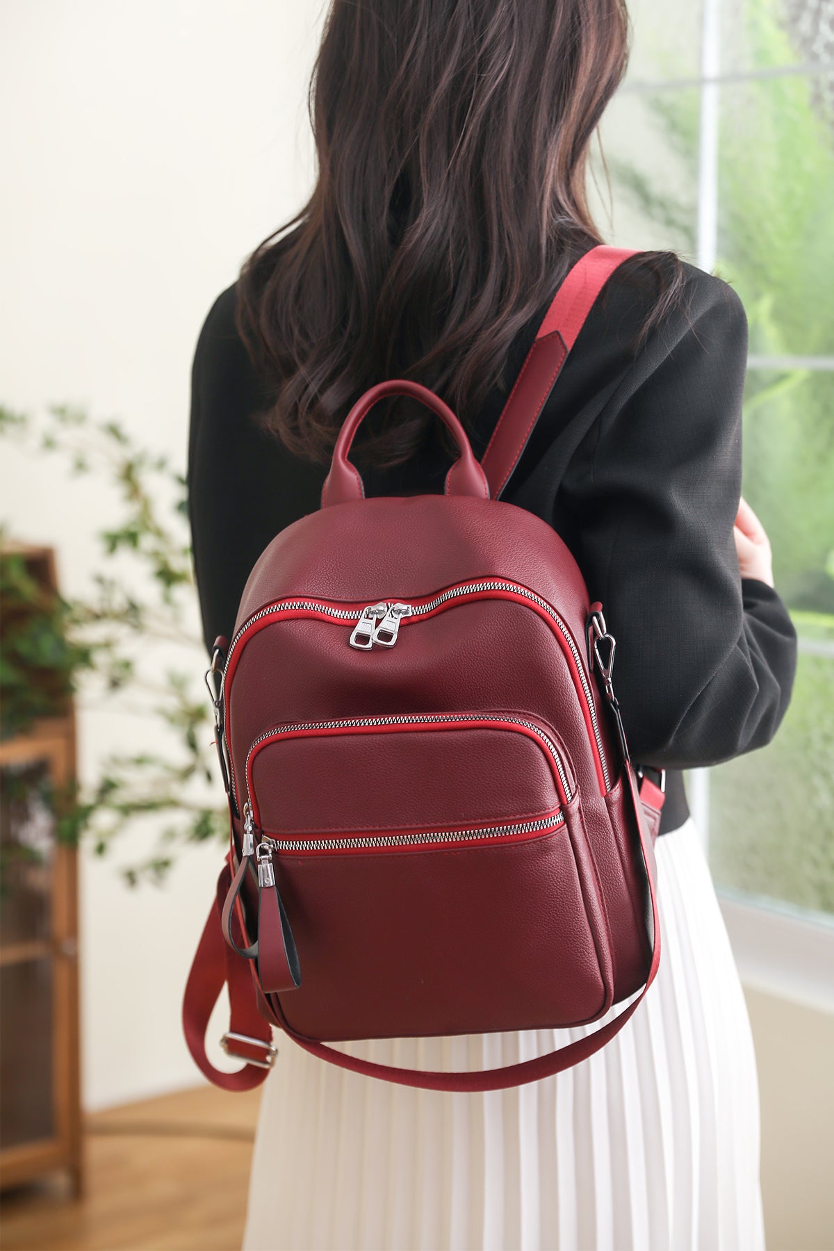 Red PU Backpack with Zipper