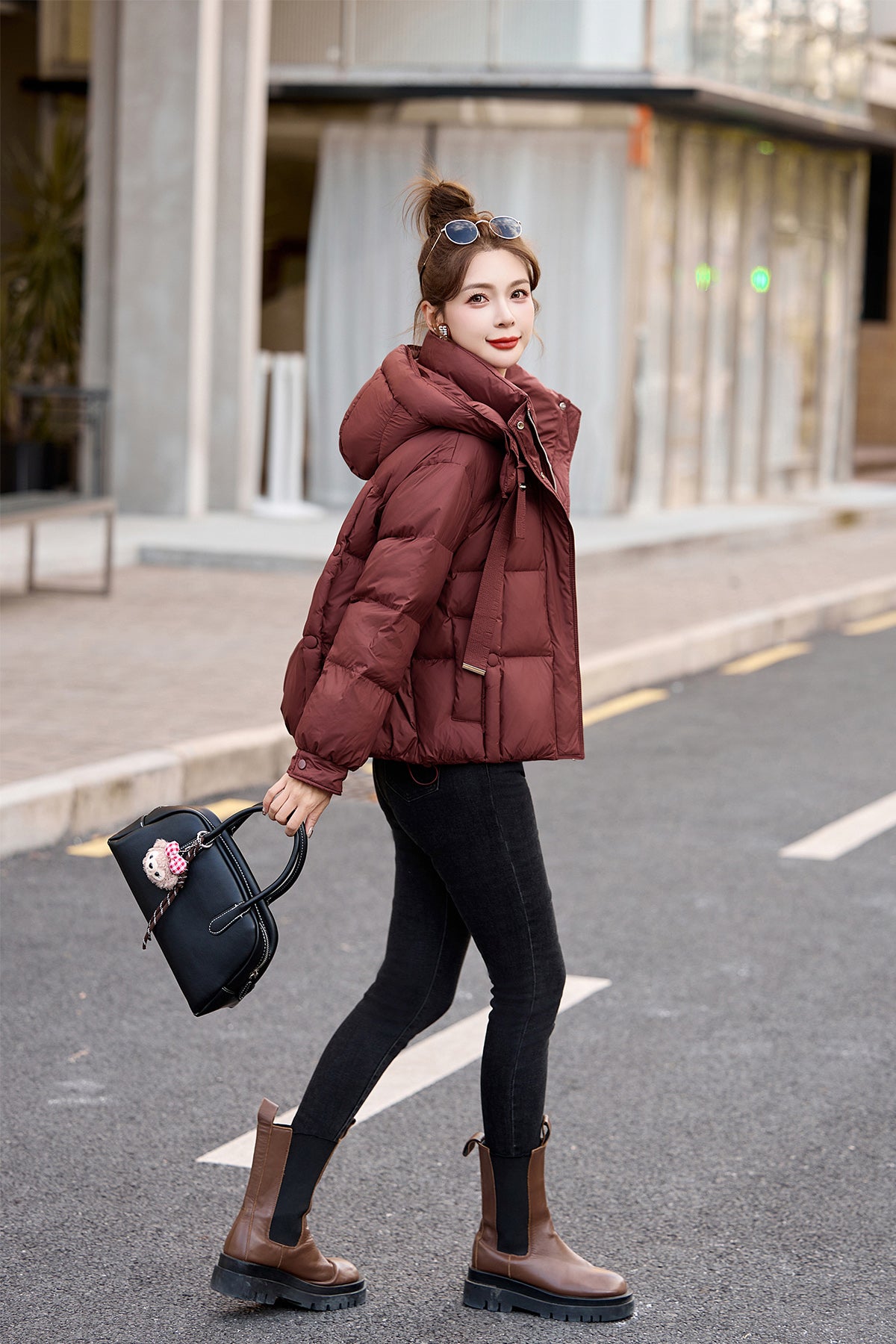 Red Stand Collar Cotton Down Jacket Womens Winter Short Coat