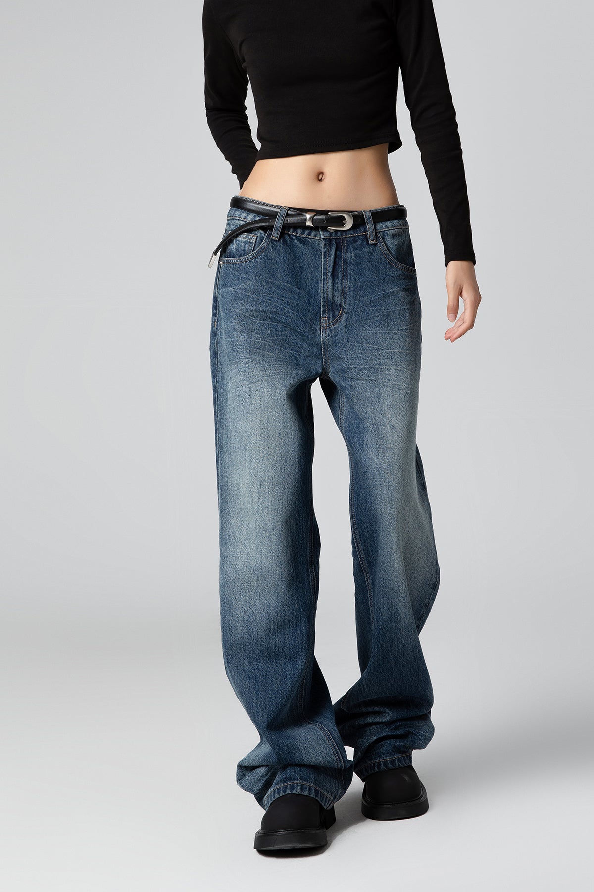 Resin Whisker Wide Leg Jeans for Women - Vintage Washed Straight Leg Denim - S-XL - Macghee