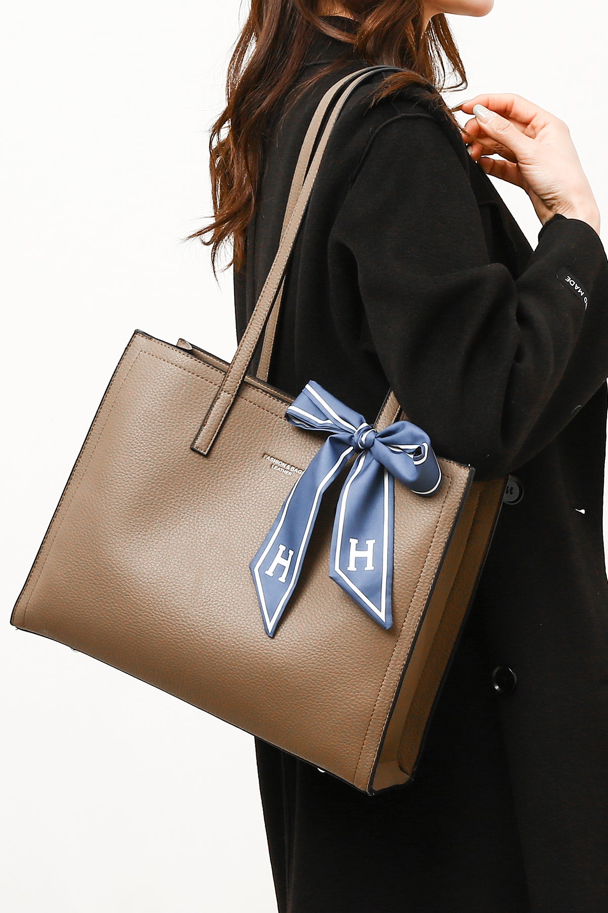 Solid PU Briefcase with Letter Print Scarf Khaki