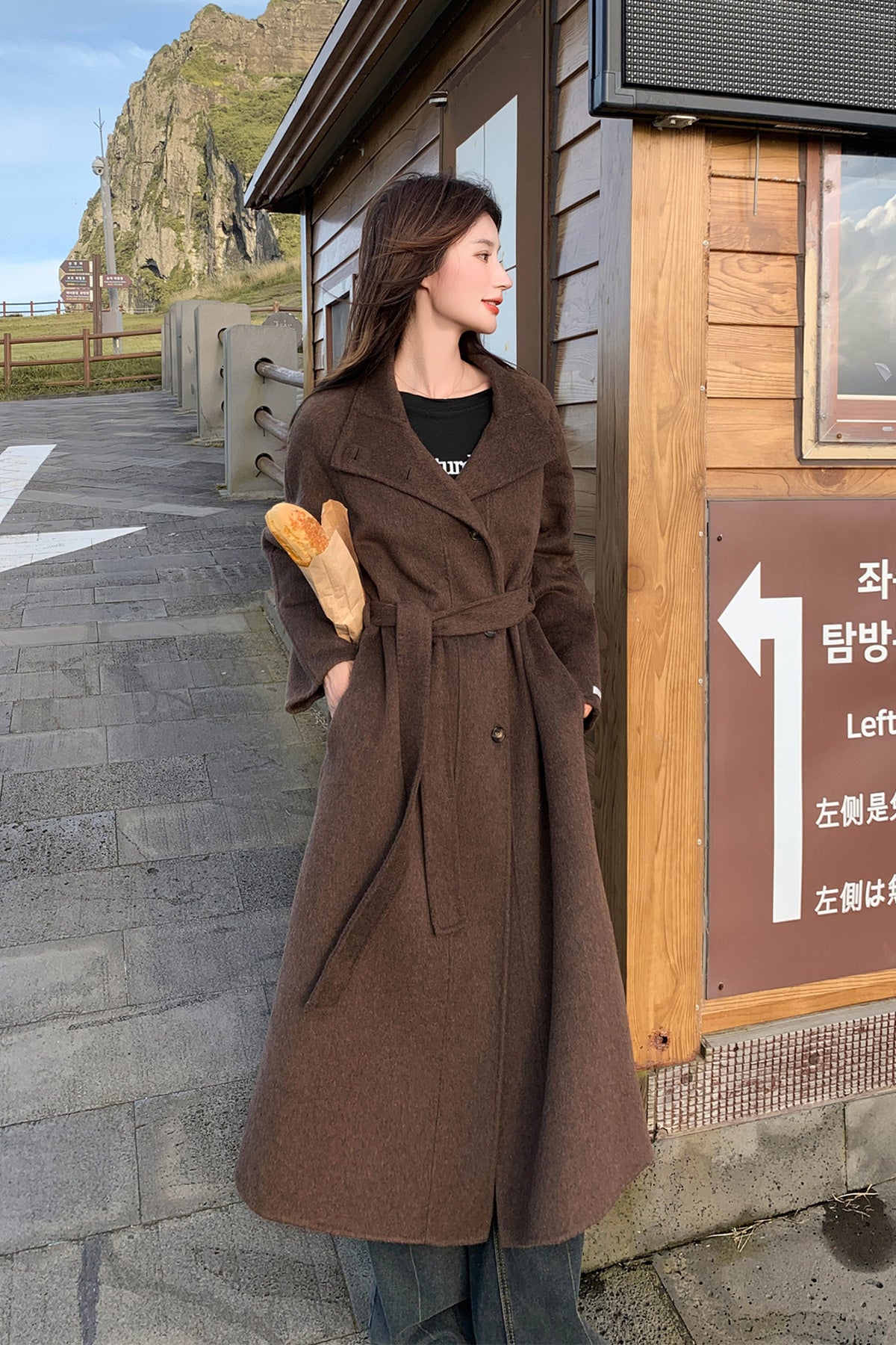 Stylish Handmade Long Wool Coat in Brown Warm Winter Fashion