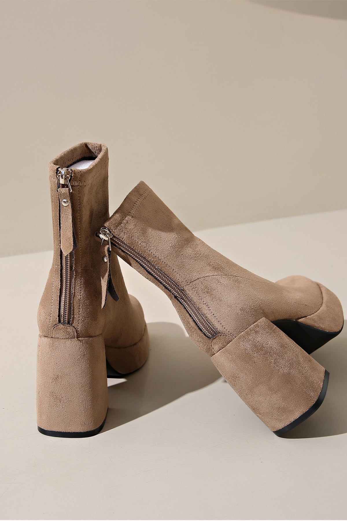 Stylish beige ultra-fine suede low-heeled boots for women