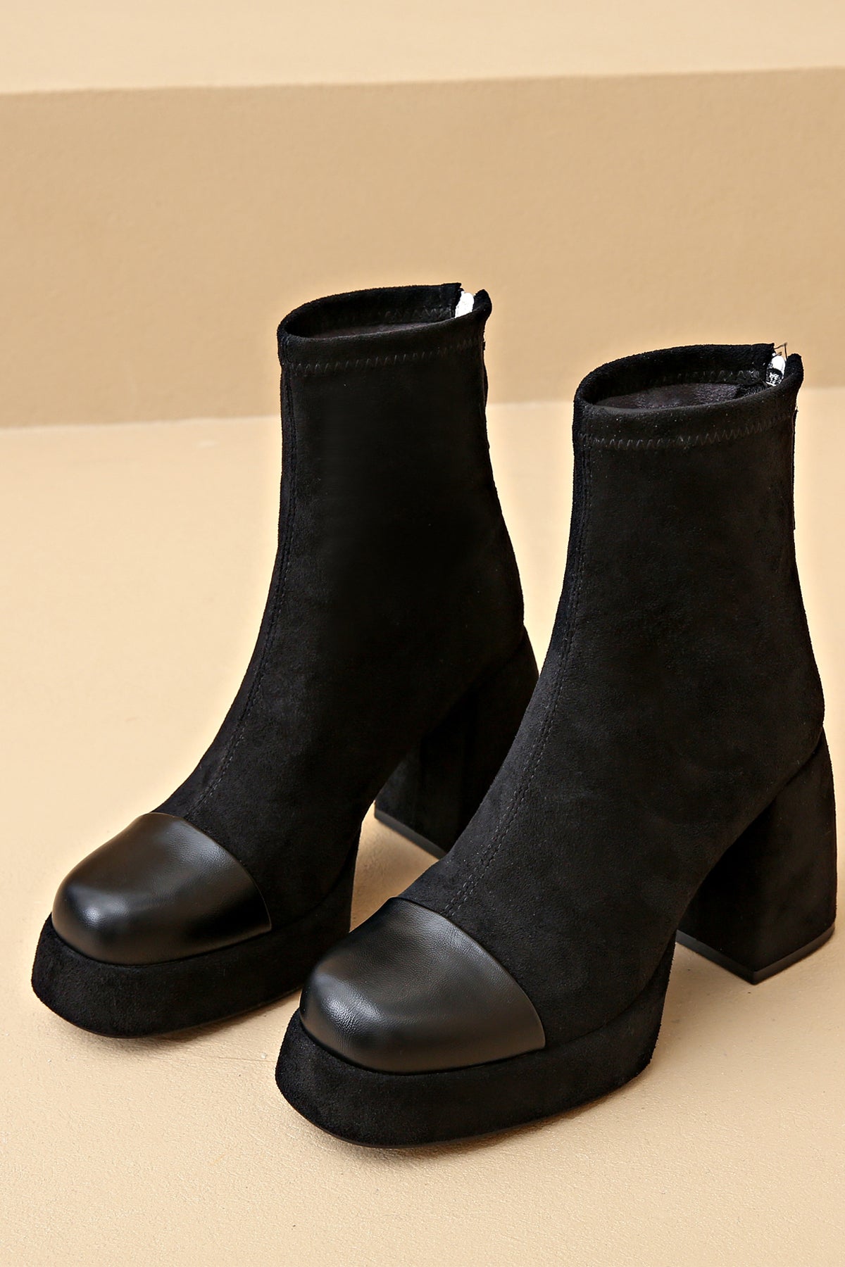 Stylish black suede and leather toe ankle boots for women