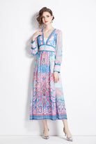 Temperament-goddess-style-V-neck-printed-waist-long-sleeved-dress