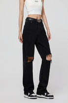 Women’s Black Denim Jeans - Ripped Straight-Leg Style - S-XL - Macghee