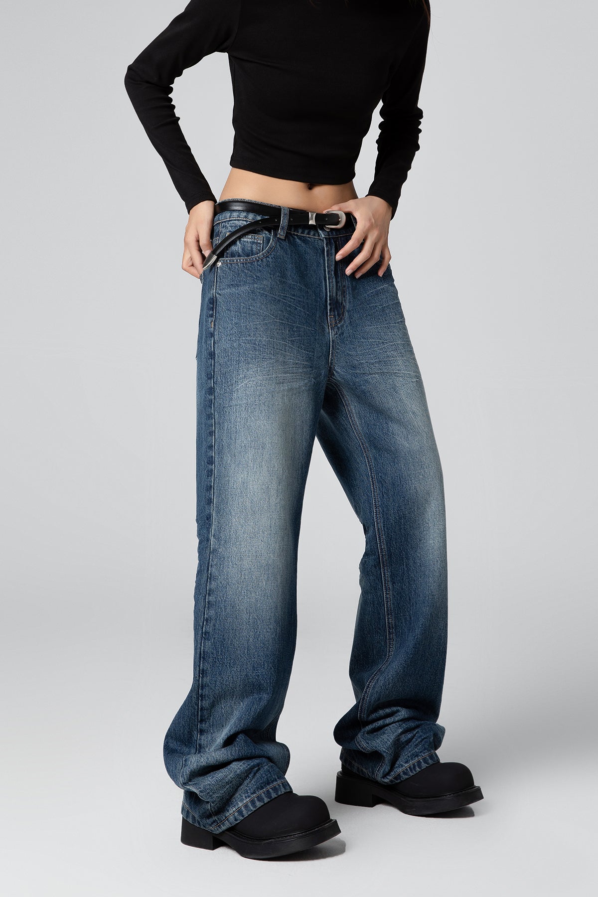 Women’s Resin Whisker Wide Leg Jeans - Vintage Washed, Straight Leg Fit - S-XL - Macghee