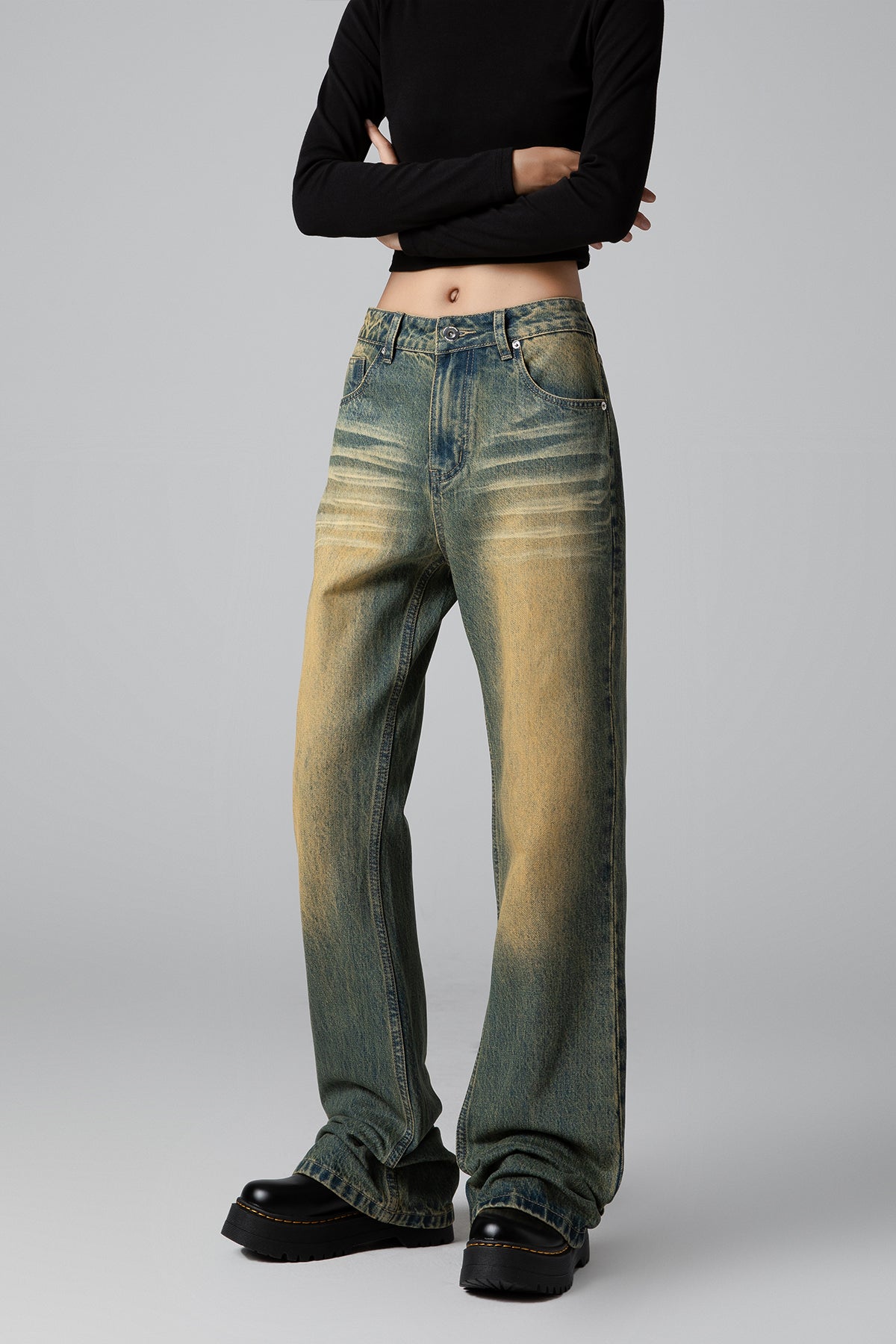 Women’s Vintage Washed High Rise Wide Leg Jeans - Straight Leg Design - S-XL - Macghee