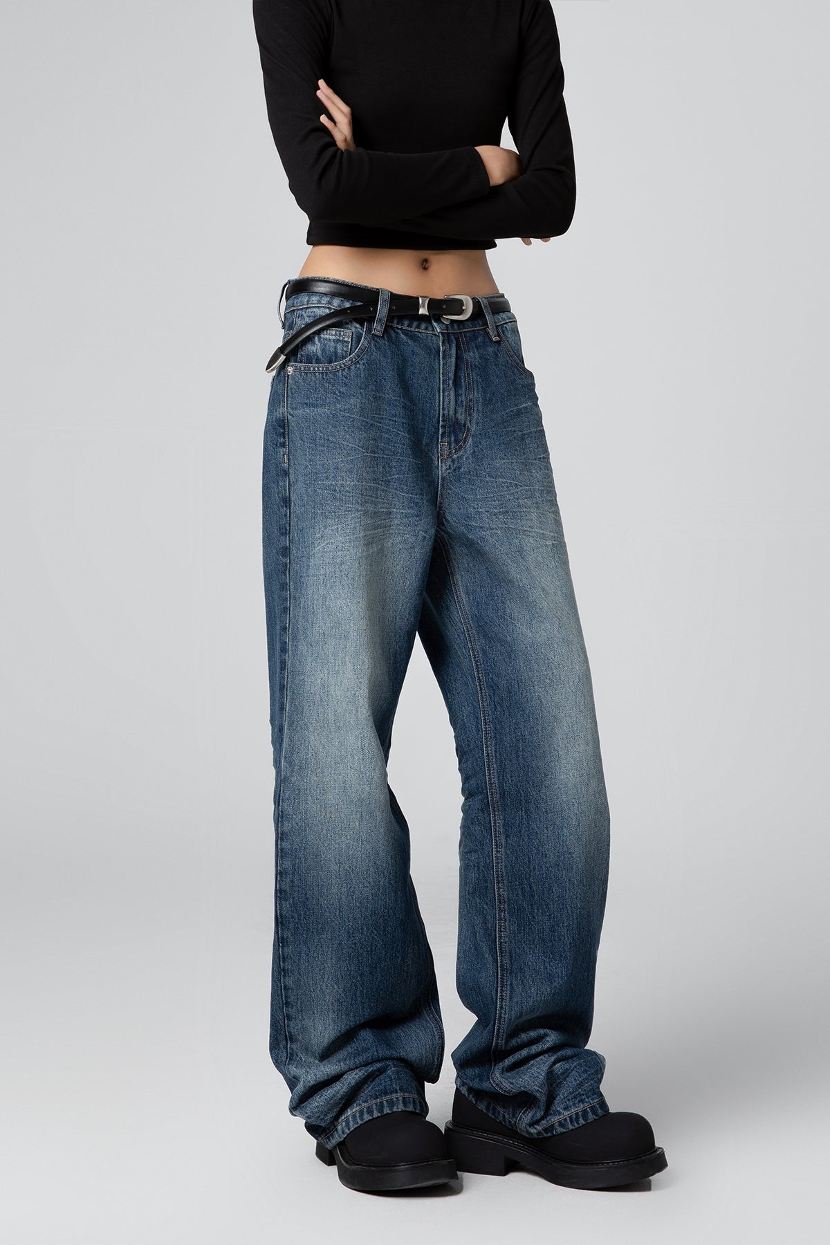 Women’s Vintage Washed Resin Whisker Wide Leg Jeans - Straight Leg Style - S-XL - Macghee