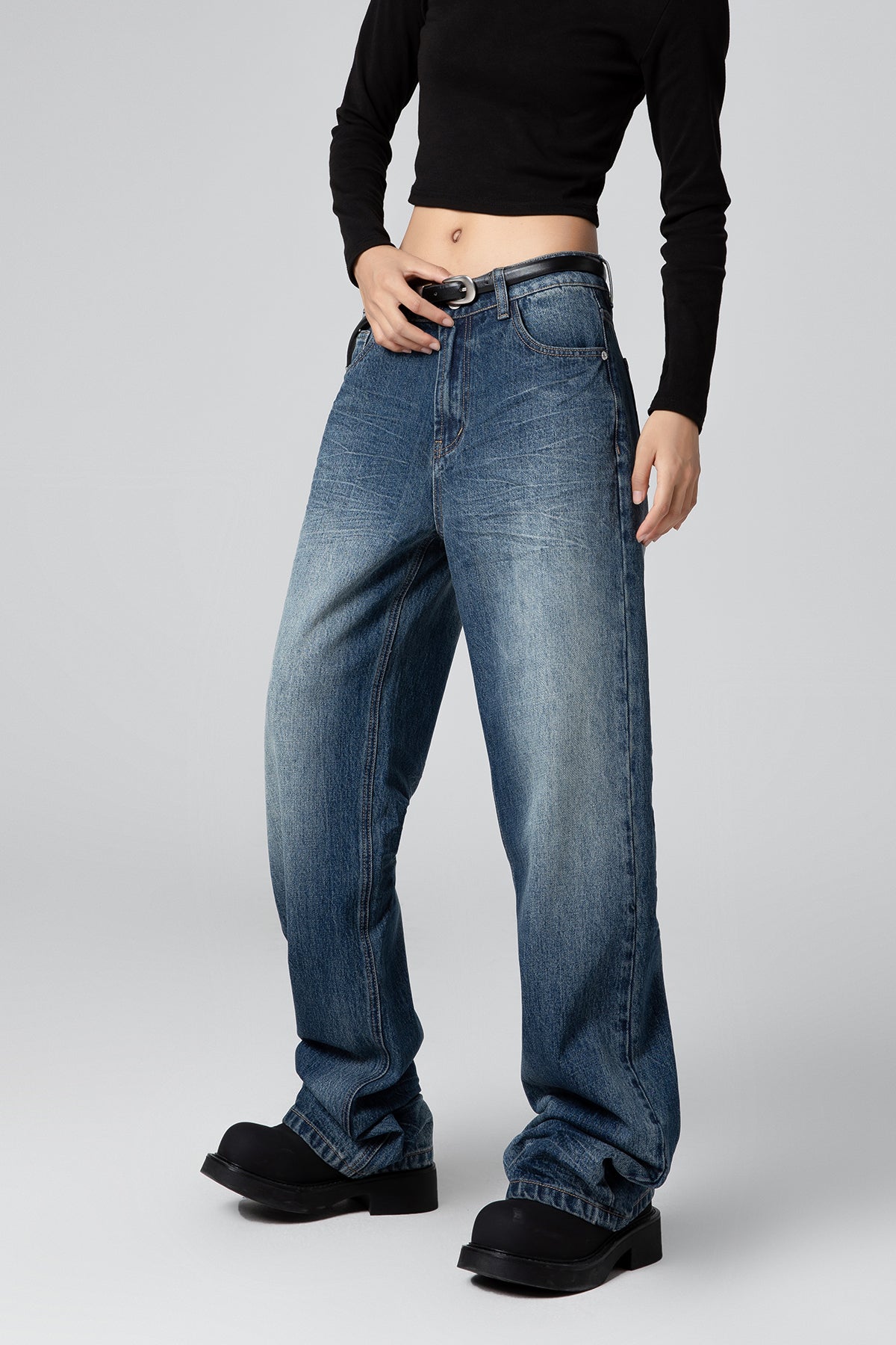Women’s Wide Leg Vintage Washed Resin Whisker Jeans - Straight Leg Fit - S-XL - Macghee