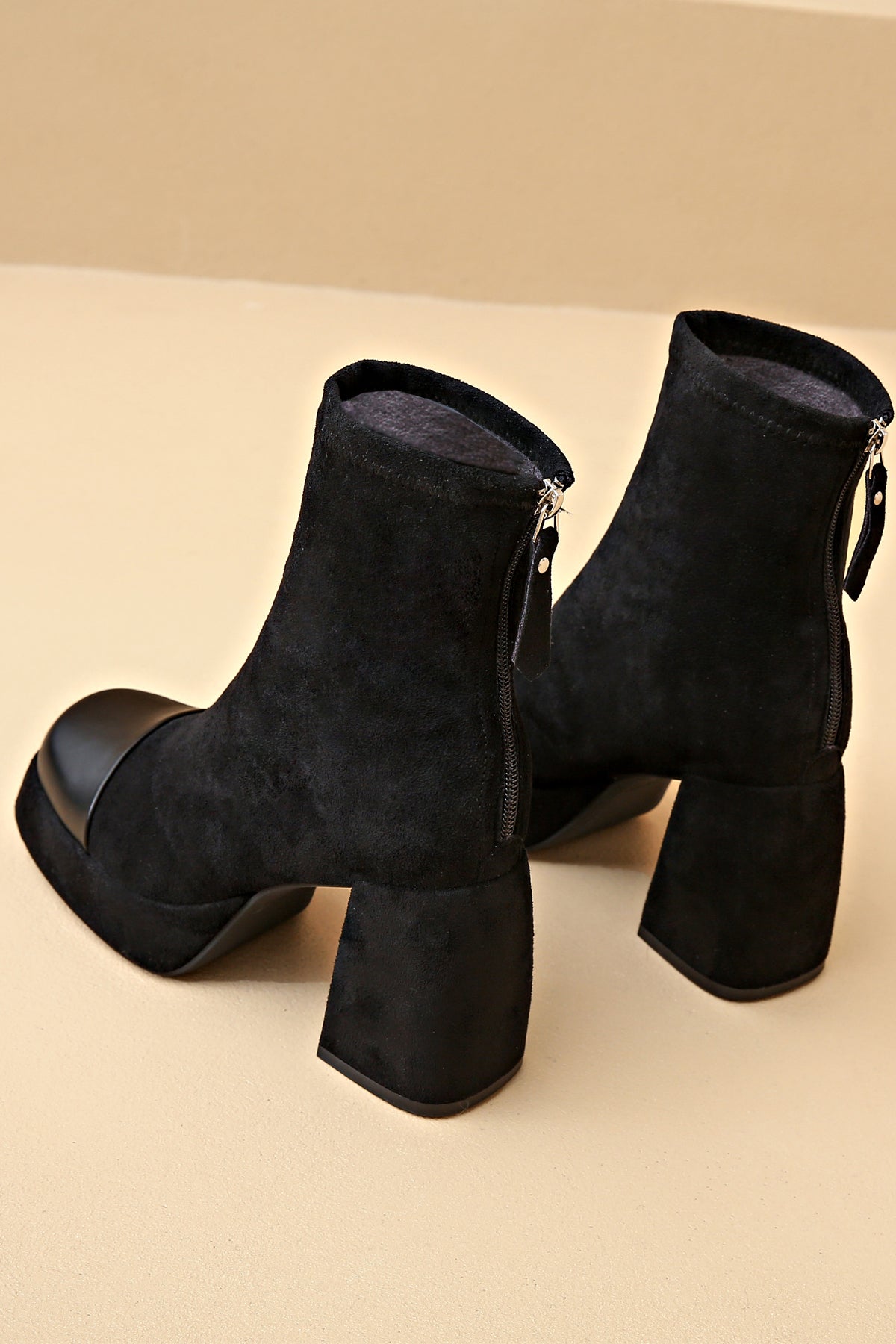 Women's black superfine suede ankle boots with leather toe accent  