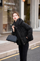 Womens Black Loose Fit Cotton Down Jacket Short Style